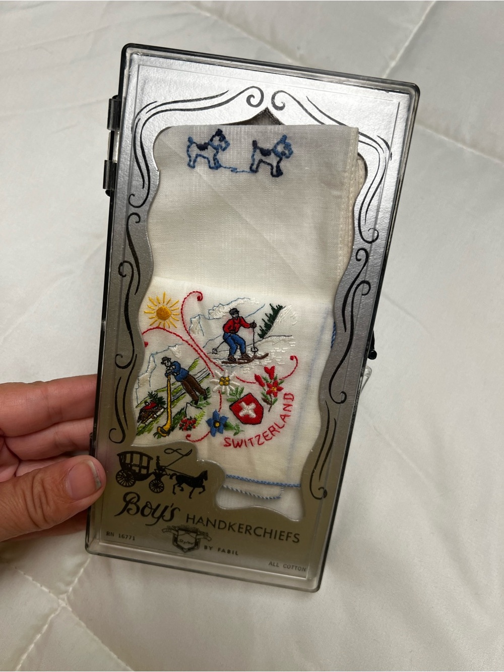 Vintage Switzerland Embroidered Boys Handkerchief White with Colorful Ski Scene